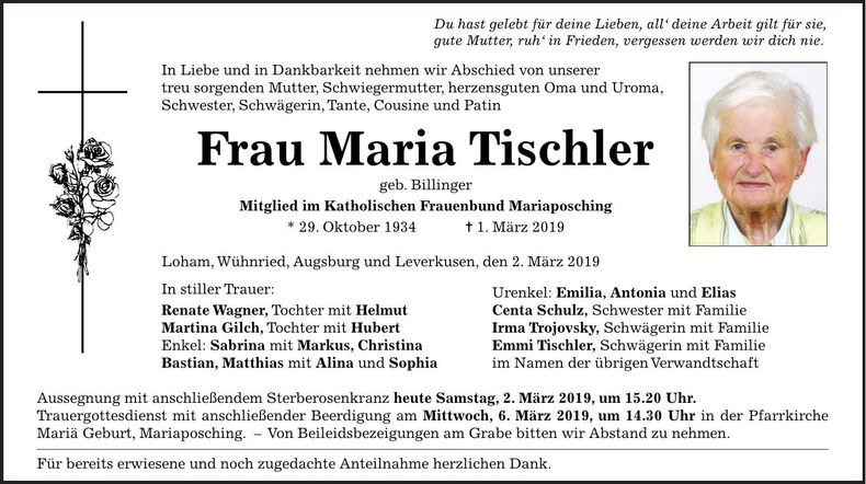 Traueranzeige Maria Tischler