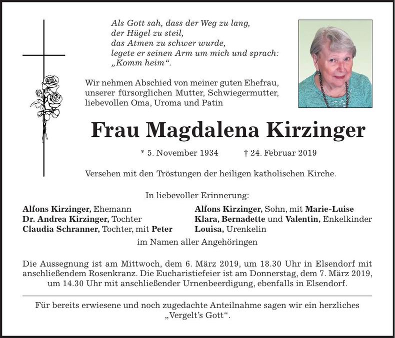 Traueranzeige Magdalena Kirzinger