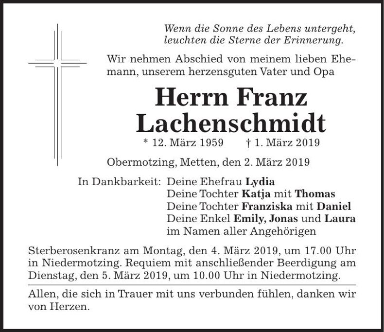 Traueranzeige Franz Lachenschmidt