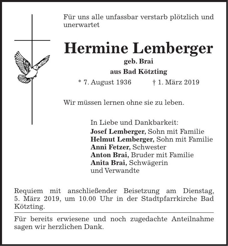 Traueranzeige Hermine Lemberger