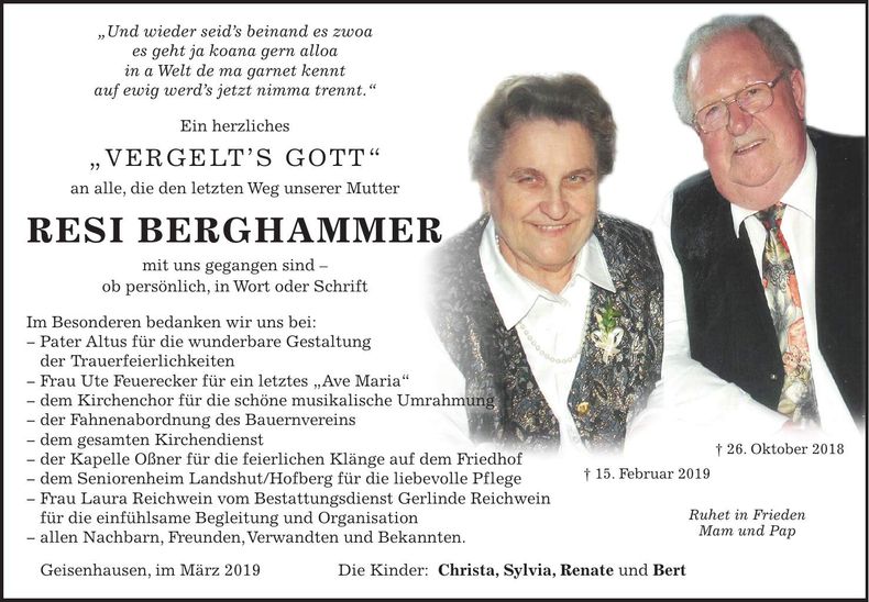Traueranzeige Resi Berghammer