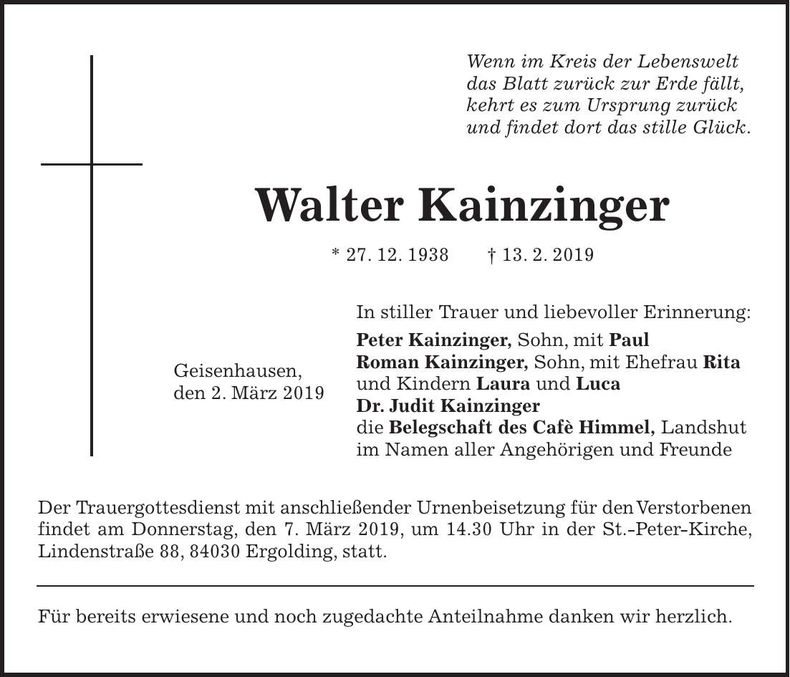 Traueranzeige Walter Kainzinger