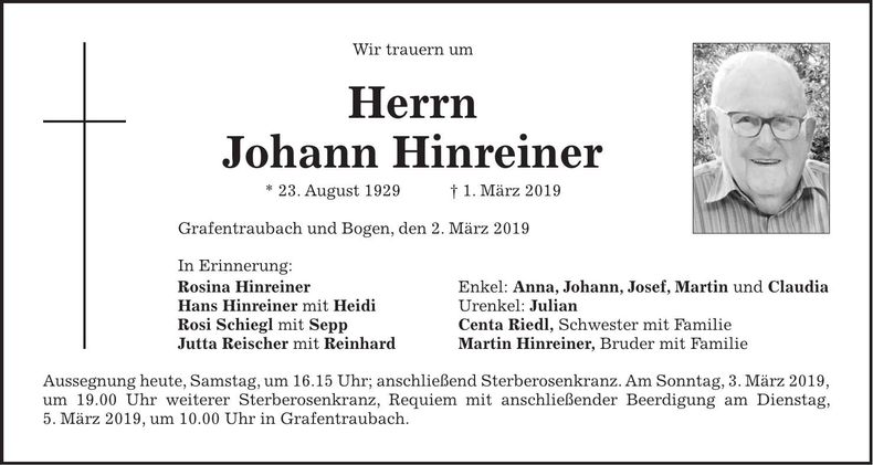 Traueranzeige Johann Hinreiner