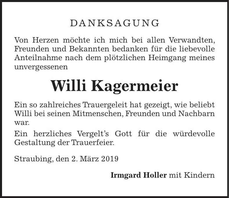 Traueranzeige Willi Kagermeier