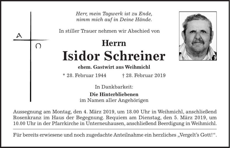 Traueranzeige Isidor Schreiner