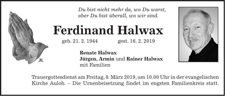 Traueranzeige Ferdinand Halwax