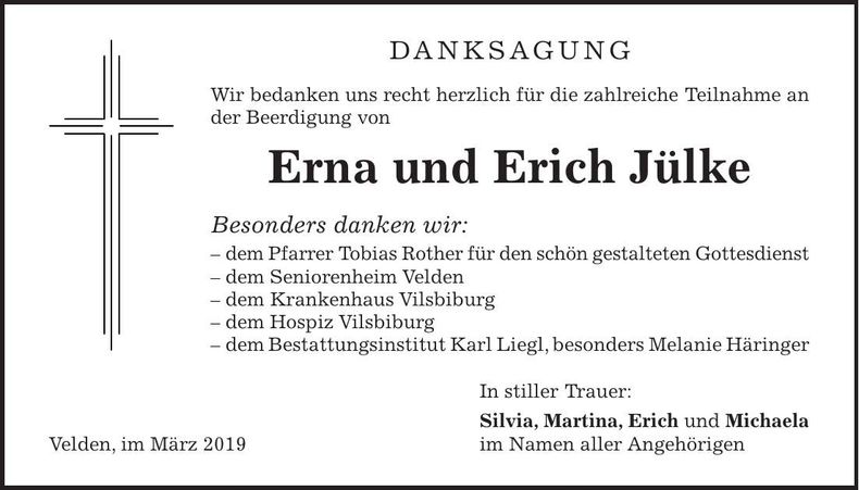 Traueranzeige Erna und Erich Jülke
