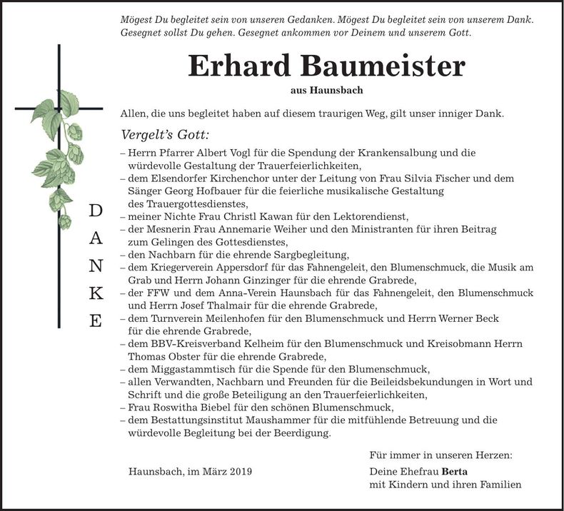 Traueranzeige Erhard Baumeister