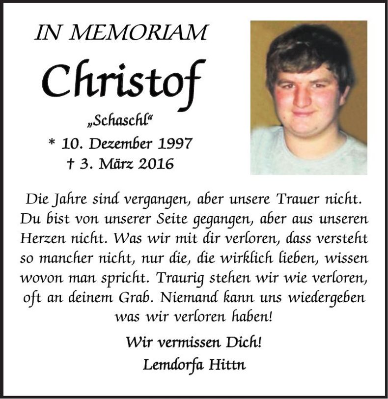 Traueranzeige Christof Grassl