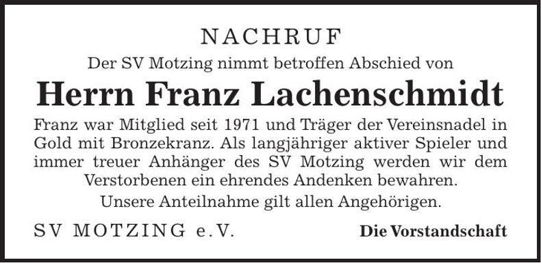 Traueranzeige Franz Lachenschmidt