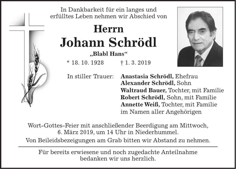 Traueranzeige Johann Schrödl