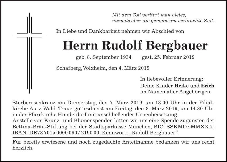 Traueranzeige Rudolf Bergbauer