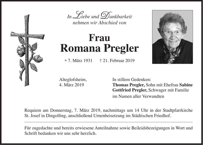 Traueranzeige Romana Pregler