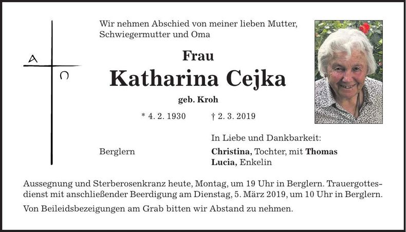 Traueranzeige Katharina Cejka