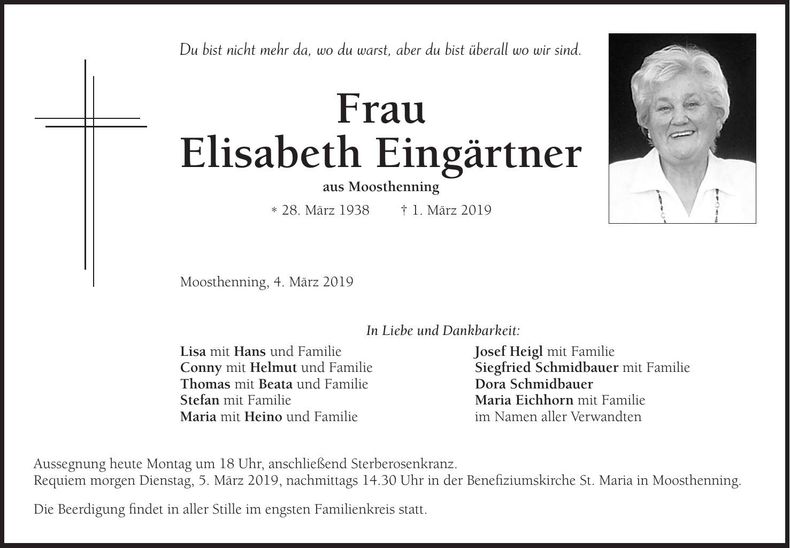 Traueranzeige Elisabeth Eingärtner