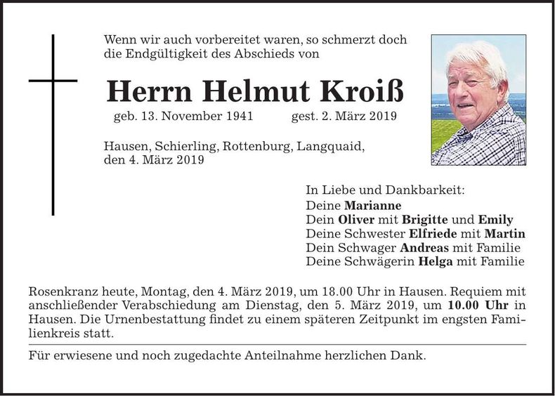 Traueranzeige Helmut Kroiß
