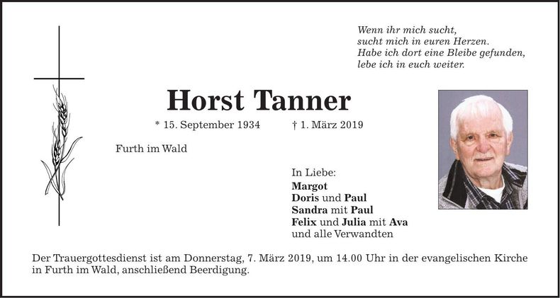 Traueranzeige Horst Tanner