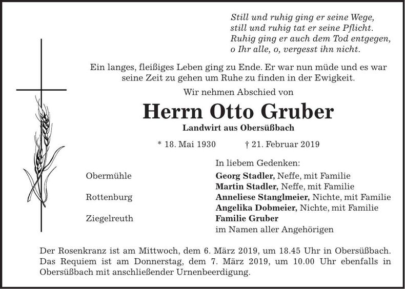 Traueranzeige Otto Gruber