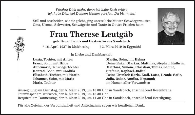 Traueranzeige Therese Leutgäb