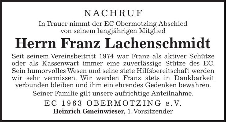 Traueranzeige Franz Lachenschmidt