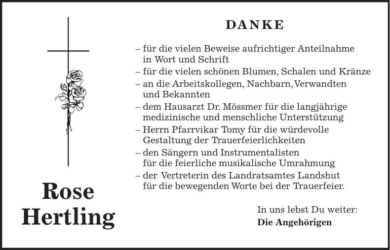Traueranzeige Rose Hertling