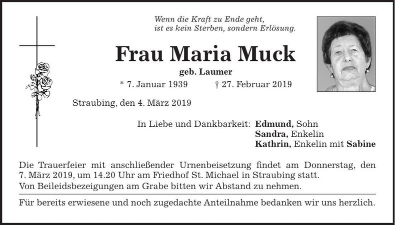 Traueranzeige Maria Muck