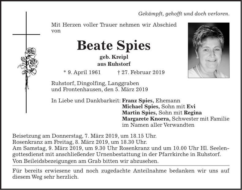 Traueranzeige Beate Spies