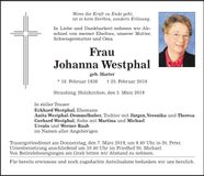 Traueranzeige Johanna Westphal