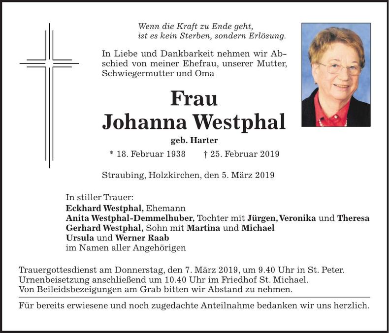 Traueranzeige Johanna Westphal