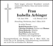 Traueranzeige Isabella Arbinger