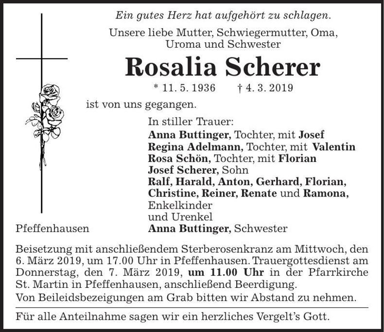 Traueranzeige Rosalia Scherer