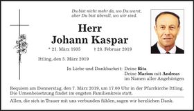 Traueranzeige Johann Kaspar