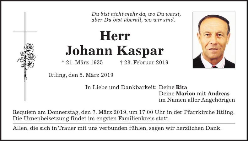Traueranzeige Johann Kaspar