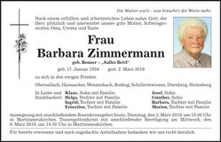 Traueranzeige Barbara Zimmermann