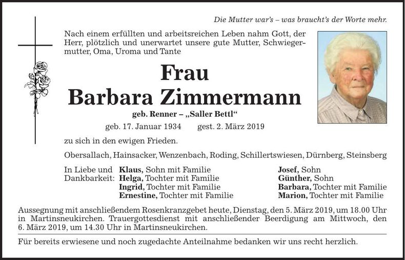 Traueranzeige Barbara Zimmermann