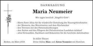 Traueranzeige Maria Neumeier