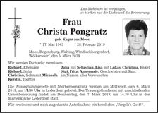 Traueranzeige Christa Pongratz