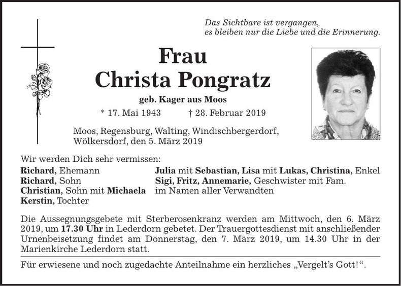 Traueranzeige Christa Pongratz