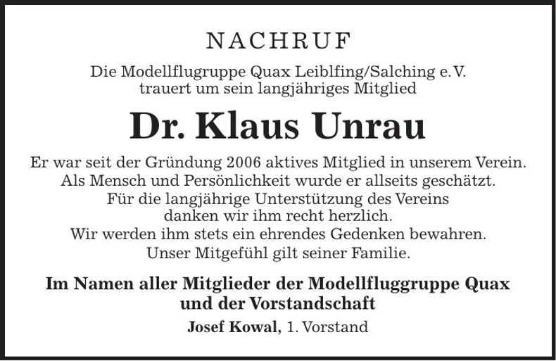 Traueranzeige Dr. Klaus Unrau