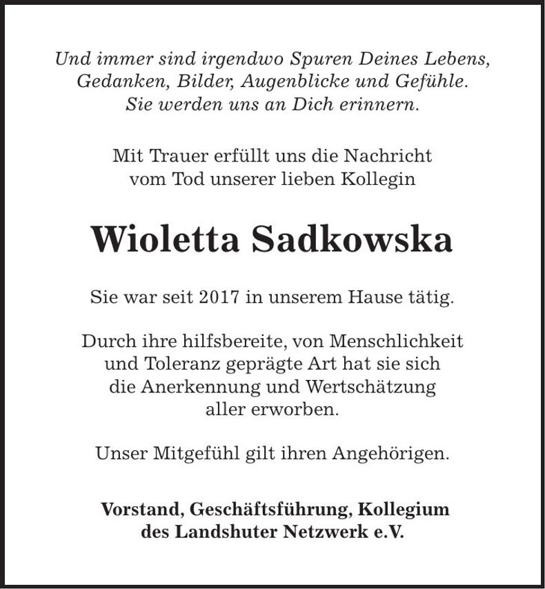 Traueranzeige Wioletta Sadkowska