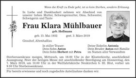 Traueranzeige Klara Mühlbauer