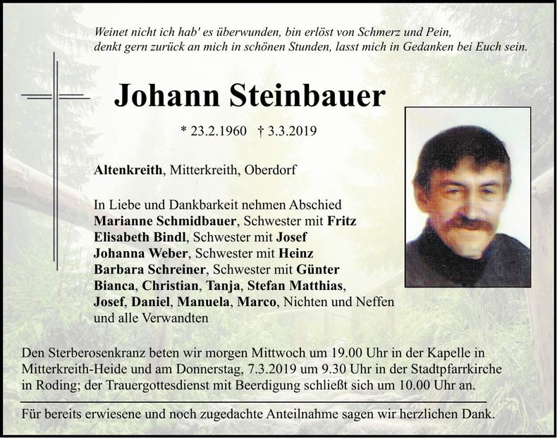 Traueranzeige Johann Steinbauer