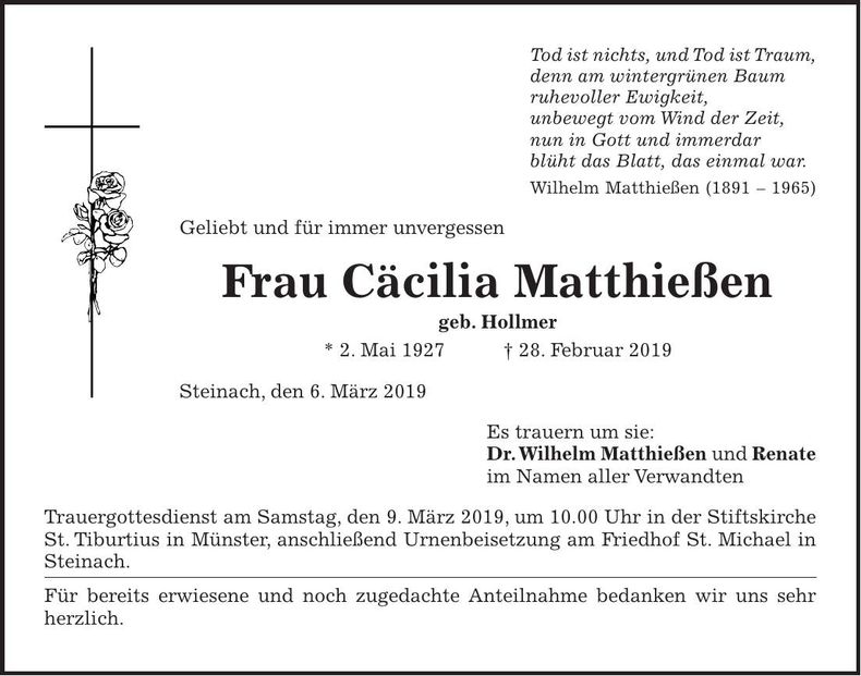 Traueranzeige Cäcilia Matthießen