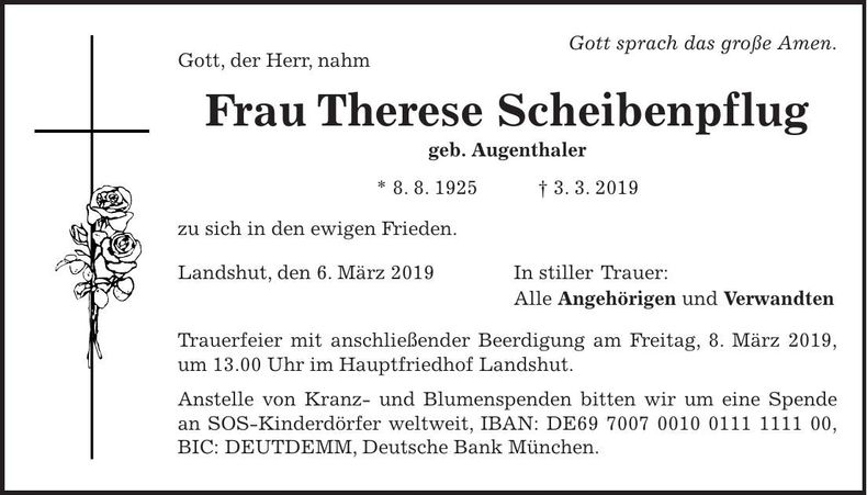 Traueranzeige Therese Scheibenpflug