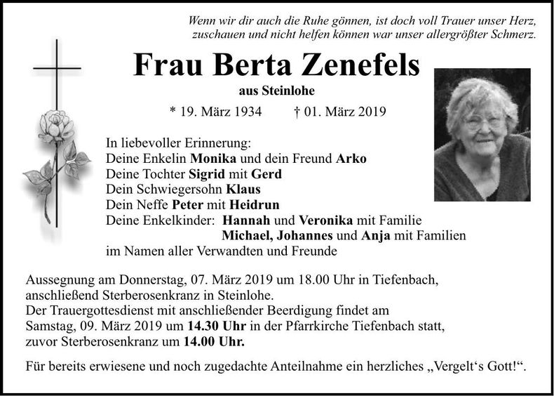 Traueranzeige Berta Zenefels