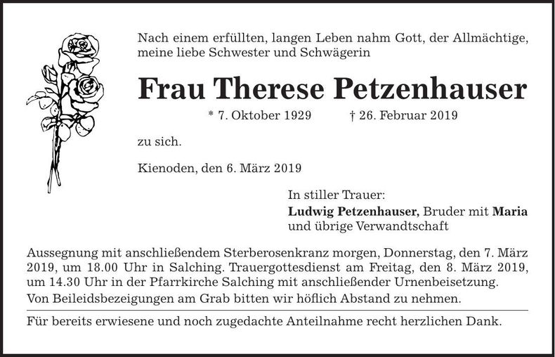 Traueranzeige Therese Petzenhauser