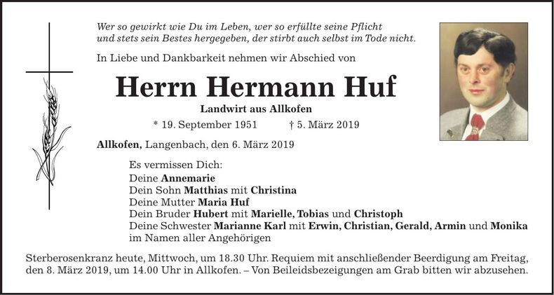 Traueranzeige Hermann Huf