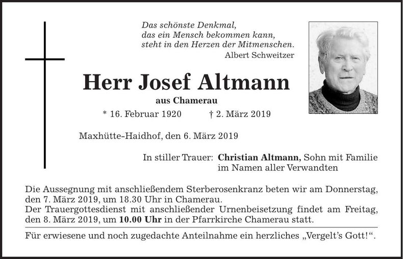 Traueranzeige Josef Altmann
