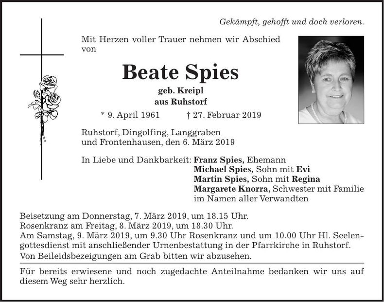 Traueranzeige Beate Spies