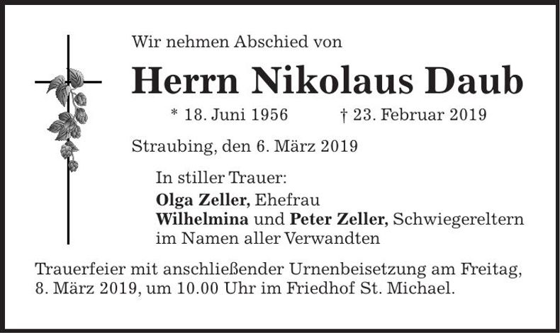 Traueranzeige Nikolaus Daub